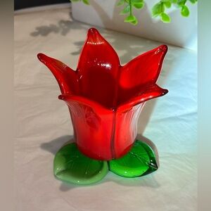 Vintage Art Glass Green Leafy Red Tulip Shaped Votive Candle Holders Flower